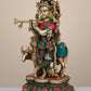 Brass Sculpture of Krishna Playing the Flute with His Cow 17 Inches