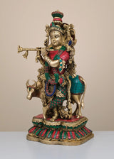 Brass Krishna flute sculpture standing with cow, multicolor jewels, 17 in