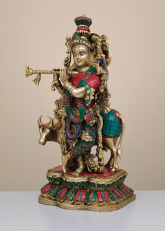 Brass Krishna flute sculpture standing with cow, multicolor jewels, 17 in