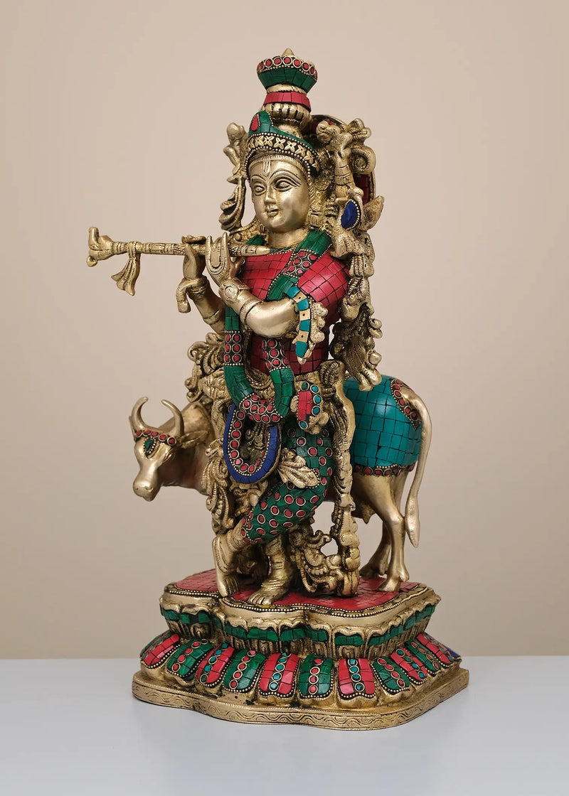 Brass Sculpture of Krishna Playing the Flute with His Cow 17 Inches