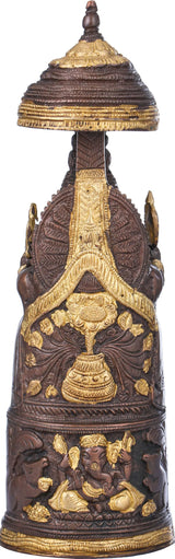 Brass-brown pedestal carving with gold Ganesha and Lakshmi figures, 10-inch