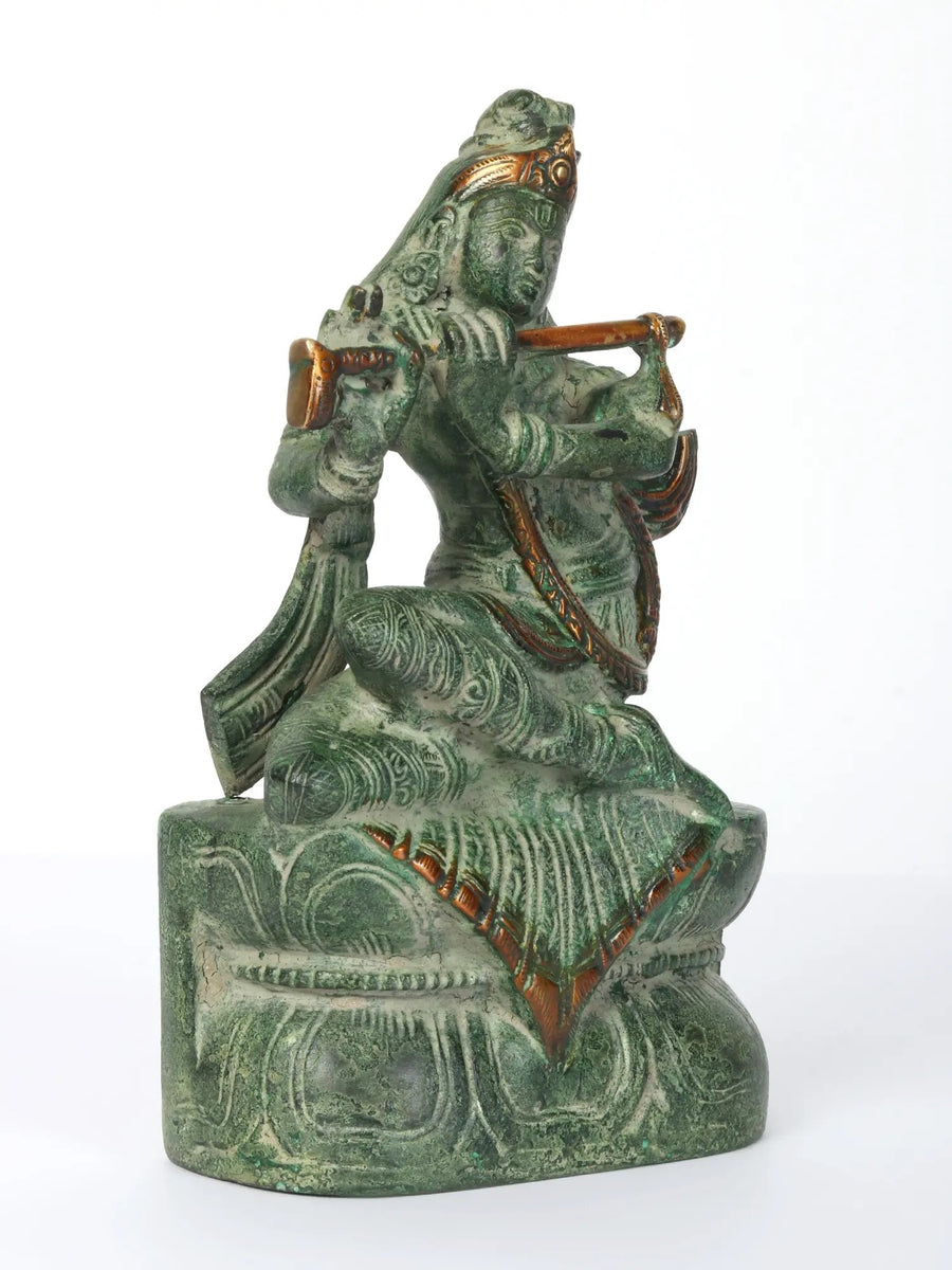 Brass Krishna Idol Playing Flute Seated on Pedestal 7 inches Craft Detail