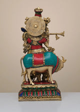 Brass Krishna flute sculpture with cow, detailed back, multicolor, 17 in