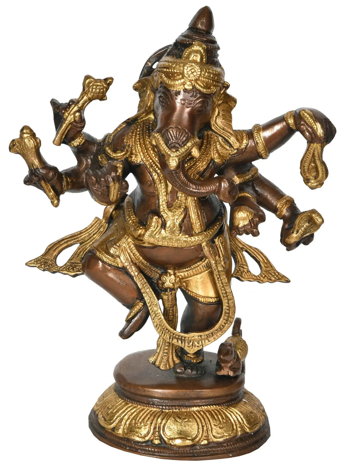 9-inch brass Dancing Ganesha statue with raised arms and ornate jewelry.