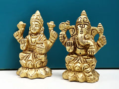 Ganesha and Lakshmi brass figurines, raised hands and ornate headdresses, 2 inches