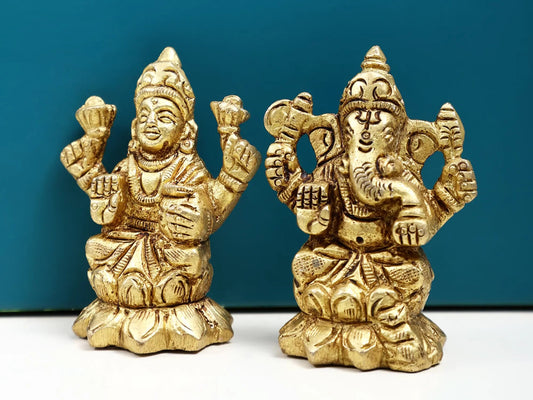 Brass statue featuring small depictions of Lord Ganesha and Goddess Lakshmi 2 Inches