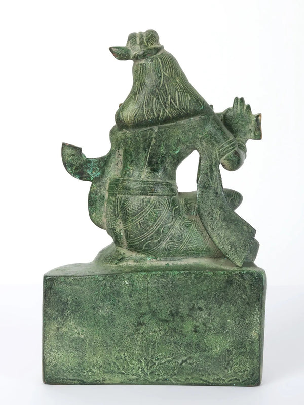 Brass Krishna Idol Playing Flute Seated on Pedestal 7 inches Study Setting