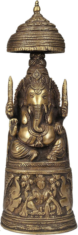 Polish Brass King Ganesha with Lakshmi Ji Carved on Pedestal 10 inches