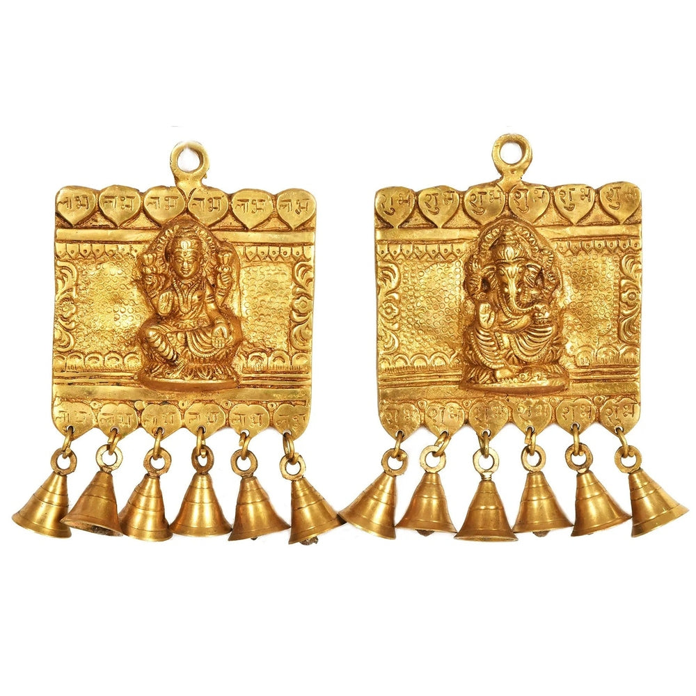 Brass door hanging with bells, Lakshmi and Ganesha motifs, 10-inch length