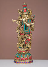 Handmade brass Krishna flute sculpture with colorful inlay, full view, 20in