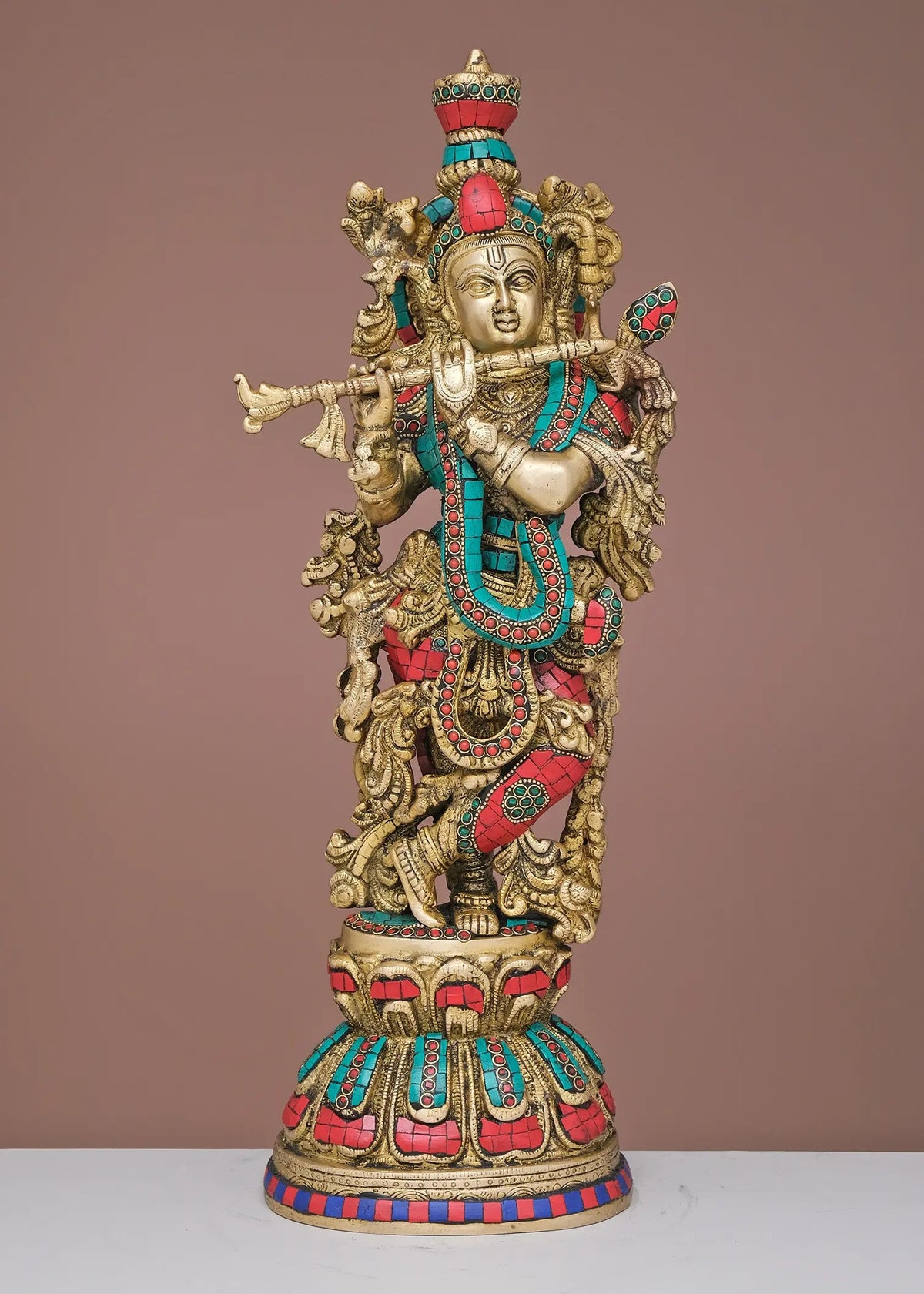 Handmade brass Krishna flute sculpture with colorful inlay, full view, 20in