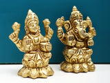 Brass Lakshmi and Ganesha figurines, detailed clothing patterns and hands, 2-inch size