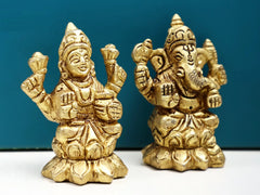 Brass Lakshmi and Ganesha figurines, detailed clothing patterns and hands, 2-inch size