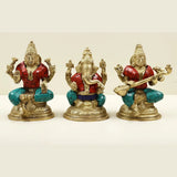 Small brass Lakshmi, Ganesha & Saraswati idol set, blessing pose, red and teal inlay