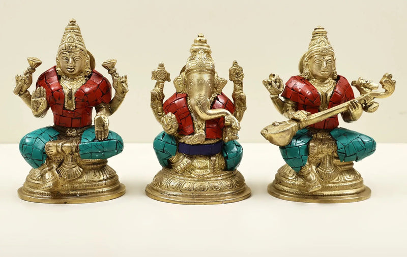 Small Brass Idol of Lakshmi, Ganesha, and Saraswati with Blessing Pose and Inlay Work 4 inches