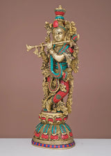 AONA handmade brass Krishna flute figure with colorful inlay, standing front