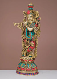 AONA handmade brass Krishna flute figure with colorful inlay, standing front