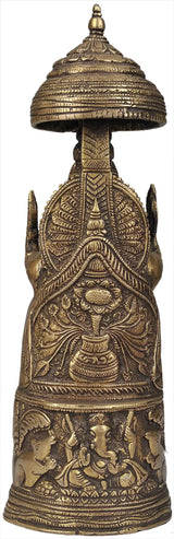Polished brass Ganesha figurine from side, ornate pedestal with figures, 10 in