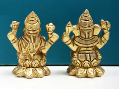 Brass twin deity statue: Lakshmi and Ganesha, textured ornaments and clothing, 2 in