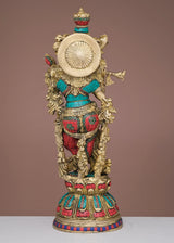 Handmade brass Krishna flute sculpture with circular disc, colorful inlay details