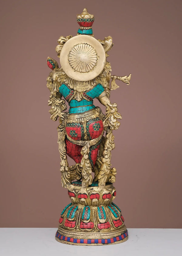 Handmade Brass Sculpture of Krishna Playing the Flute with Inlay Work 20 Inches Study Setting