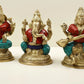 Small Brass Idol of Lakshmi, Ganesha, and Saraswati with Blessing Pose and Inlay Work 4 inches