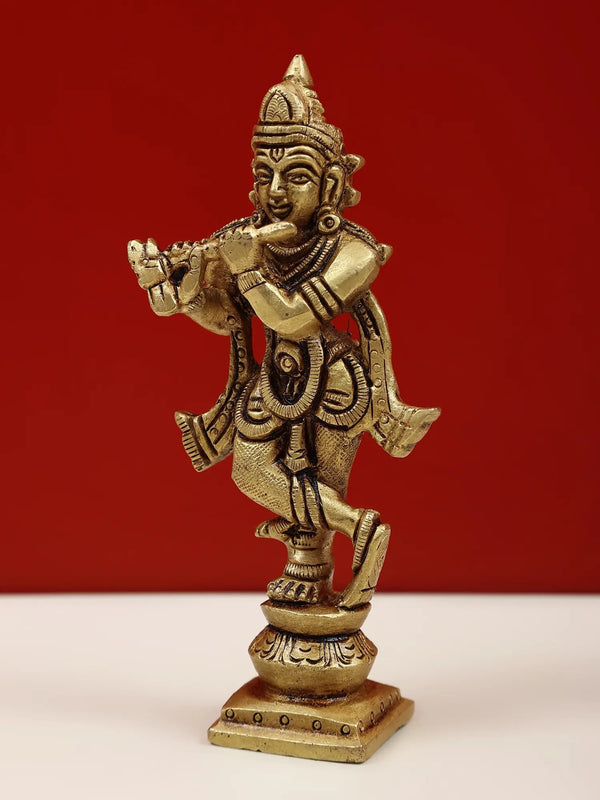 Brass Lord Shri Krishna Idol Playing Flute 4 inches