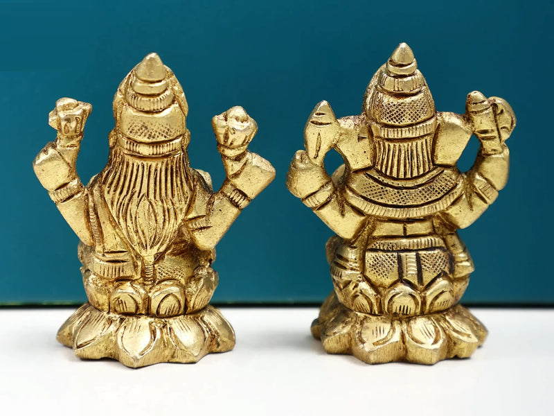 Brass statue featuring small depictions of Lord Ganesha and Goddess Lakshmi 2 Inches