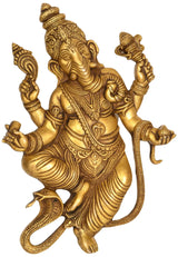 Brass wall hanging flat statue of serpent Ganesha with raised arms, 10-inch