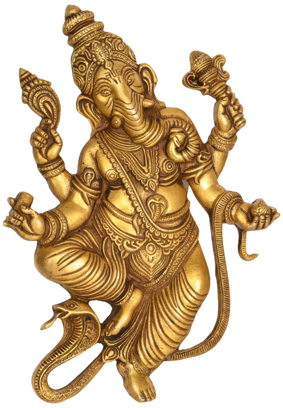 Brass wall hanging flat statue of serpent Ganesha with raised arms, 10-inch