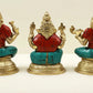 Small Brass Idol of Lakshmi, Ganesha, and Saraswati with Blessing Pose and Inlay Work 4 inches