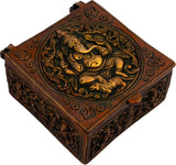 Handcrafted brass Ganesha box, square lid with ornate relief, side handles