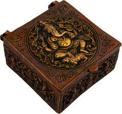 Handcrafted brass Ganesha box, square lid with ornate relief, side handles