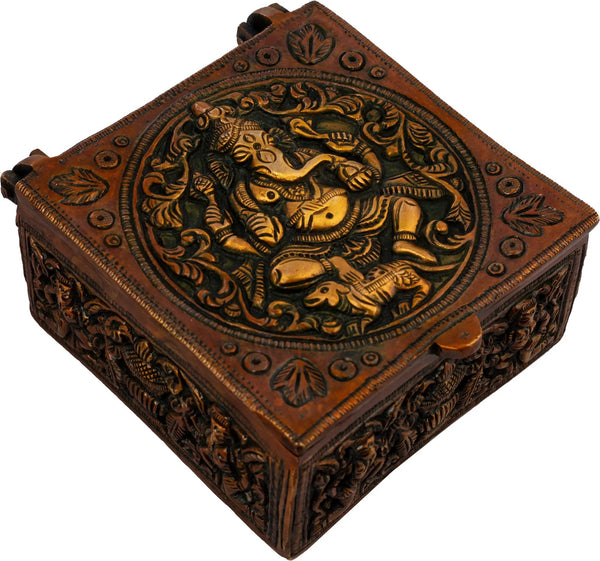Handcrafted Brass Box with Lord Ganesha Design 4 inches Entryway Setting