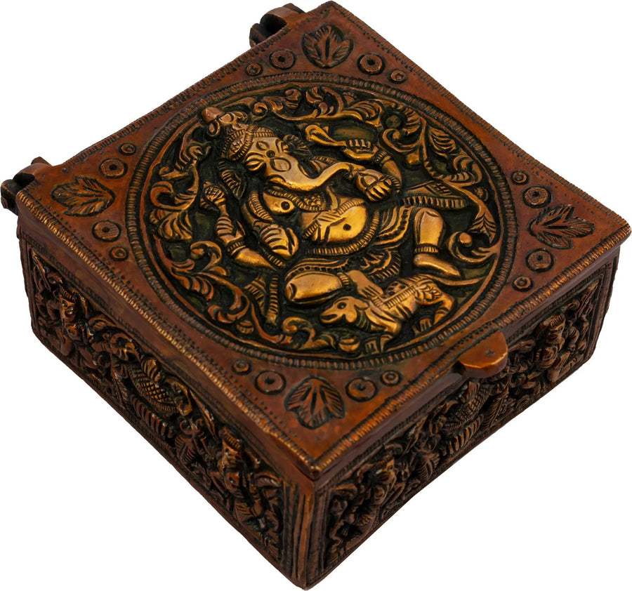 Handcrafted Brass Box with Lord Ganesha Design 4 inches Craft Detail