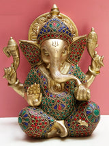Brass Lord Ganesha statue, seated with raised hands and jeweled crown