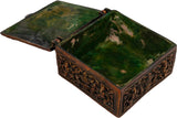 Handcrafted brass box with hinged lid open, green interior base visible