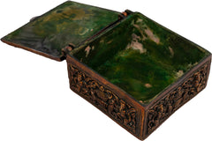 Handcrafted brass box with hinged lid open, green interior base visible