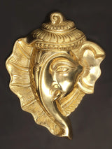 9-inch brass Ganesha wall mask with gold-toned relief face and ornate crown