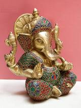 Brass Lord Ganesha statue, side view with ornate jeweled torso and arms