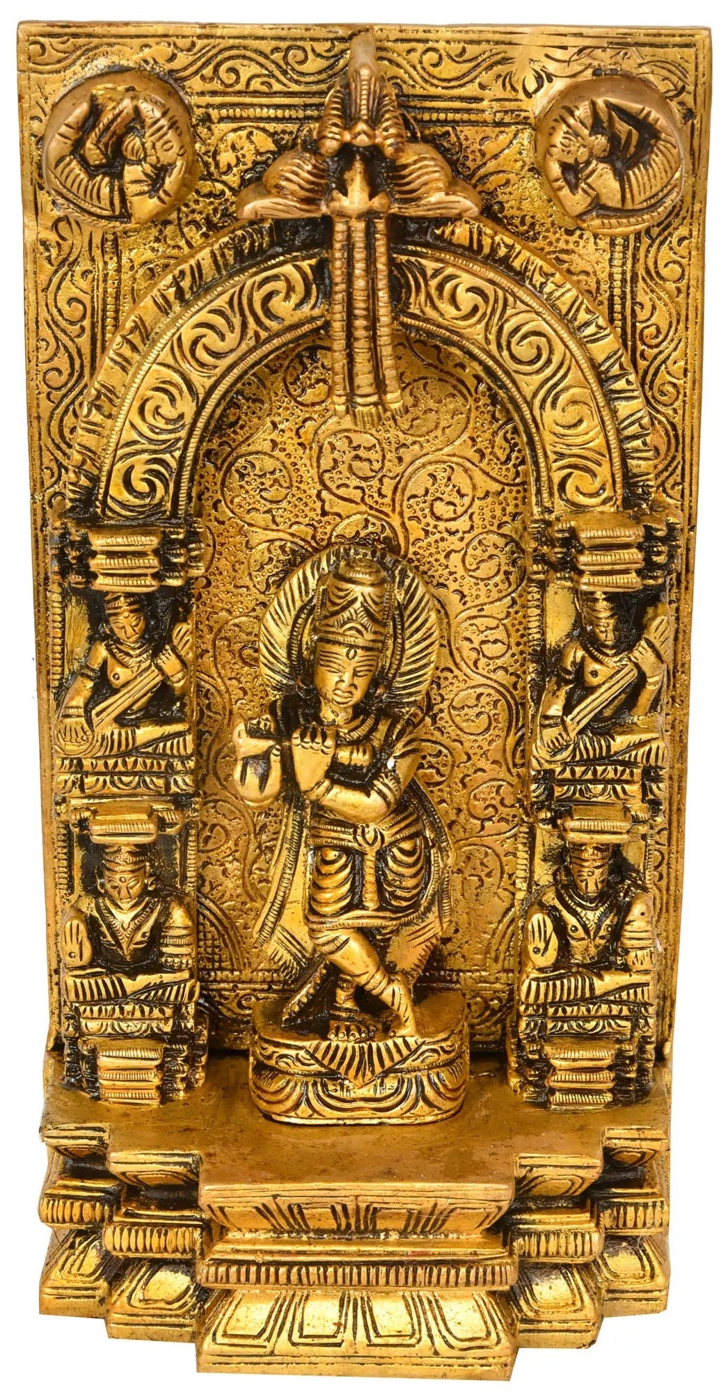 Handcrafted Brass Krishna Idol Playing Flute on Almond-Shaped Aureole | Religious Figurine 7 inches