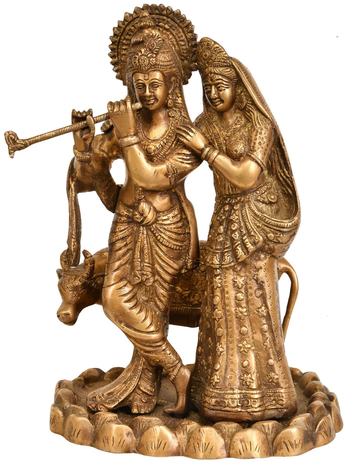 Brass Radha Krishna idol with cow, 10-inch decorative figure