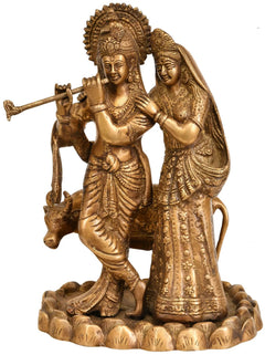 Brass Radha Krishna idol with cow, 10-inch decorative figure
