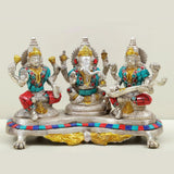 Brass Lakshmi, Ganesha, Saraswati trinity statue on ornate base, 6 inch