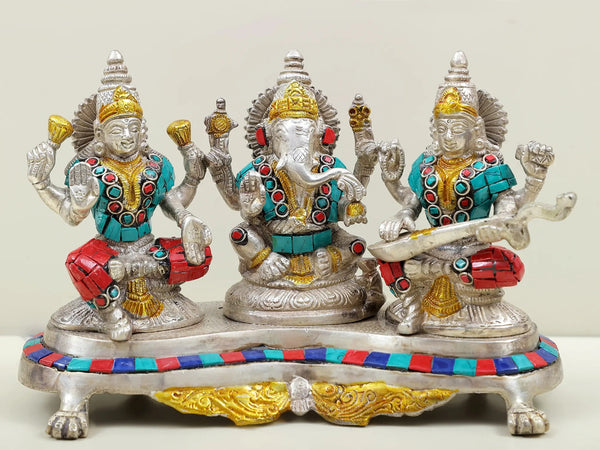 Statue made of brass depicting Lakshmi, Ganesha, and Saraswati 6 inches