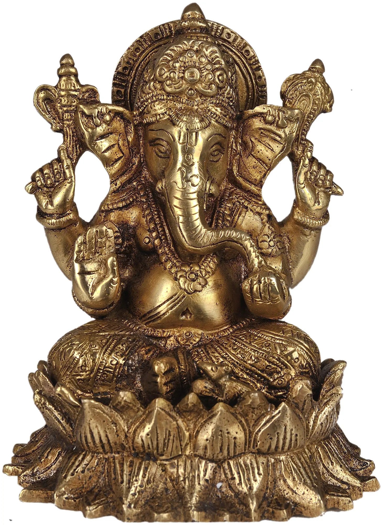 Handmade Brass Idol of Kamalasana Ganesha Enjoying Modak 5 inches