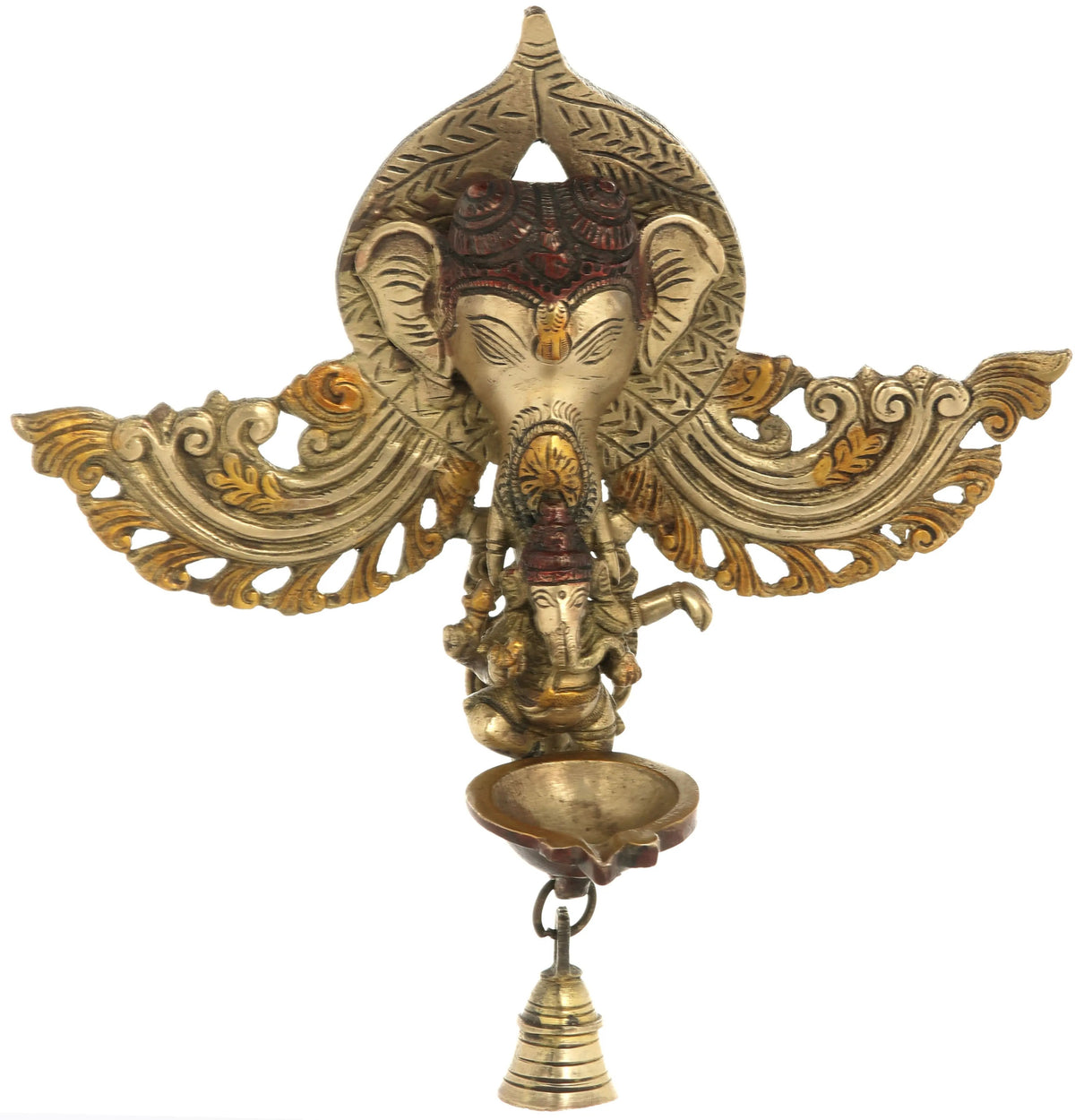 Messing-Wandhänger: tanzender Ganesha mit Lampe und Tempelglocke, 10 Zoll