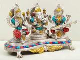 AONA brass Lakshmi, Ganesha and Saraswati figurines, seated trio, detailed jewelry
