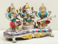 AONA brass Lakshmi, Ganesha and Saraswati figurines, seated trio, detailed jewelry