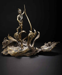 Kaliya Mardan Krishna bronze sculpture figurine holding curved staff, serpent coiled
